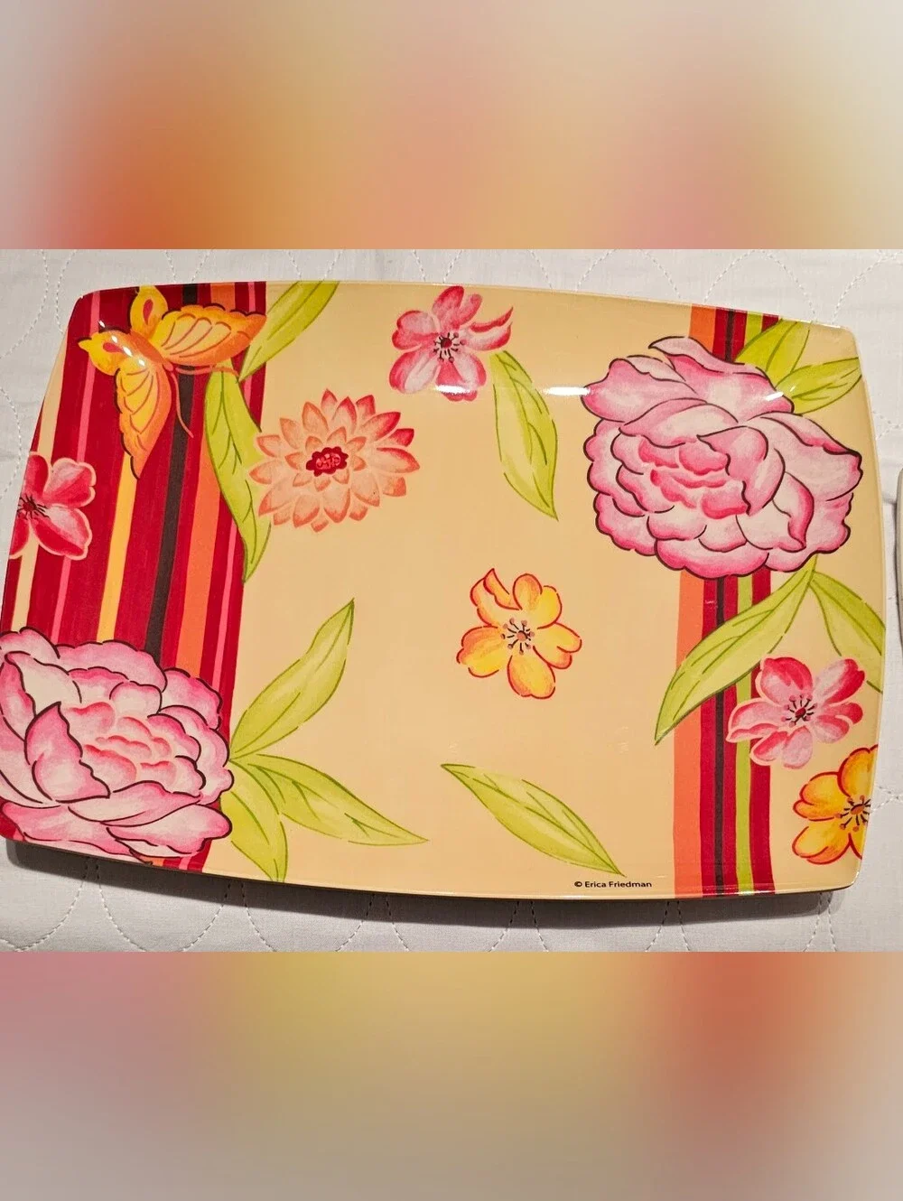 Floral Stripe Melamine Rectangular Dinner Plates- Pink Floral - Set Of 4